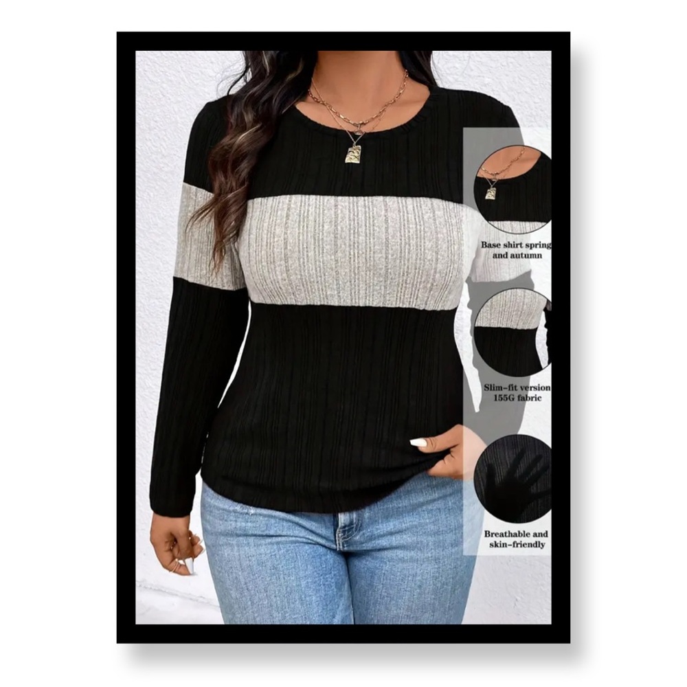 Women’s Plus Size Black and Gray Striped Long Sleeve Top